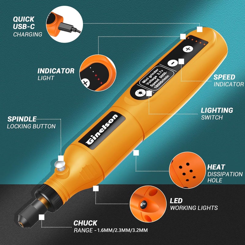 GINELSON Cordless Rotary Tool, 5 Variable Speed Mini Rotary Tool Kit with 70 Accessories, 3.7V Type-C Charging Power Rotary Tool for Engraving, Sanding, Polishing, Carving, Cutting, DIY Crafts - Image 2
